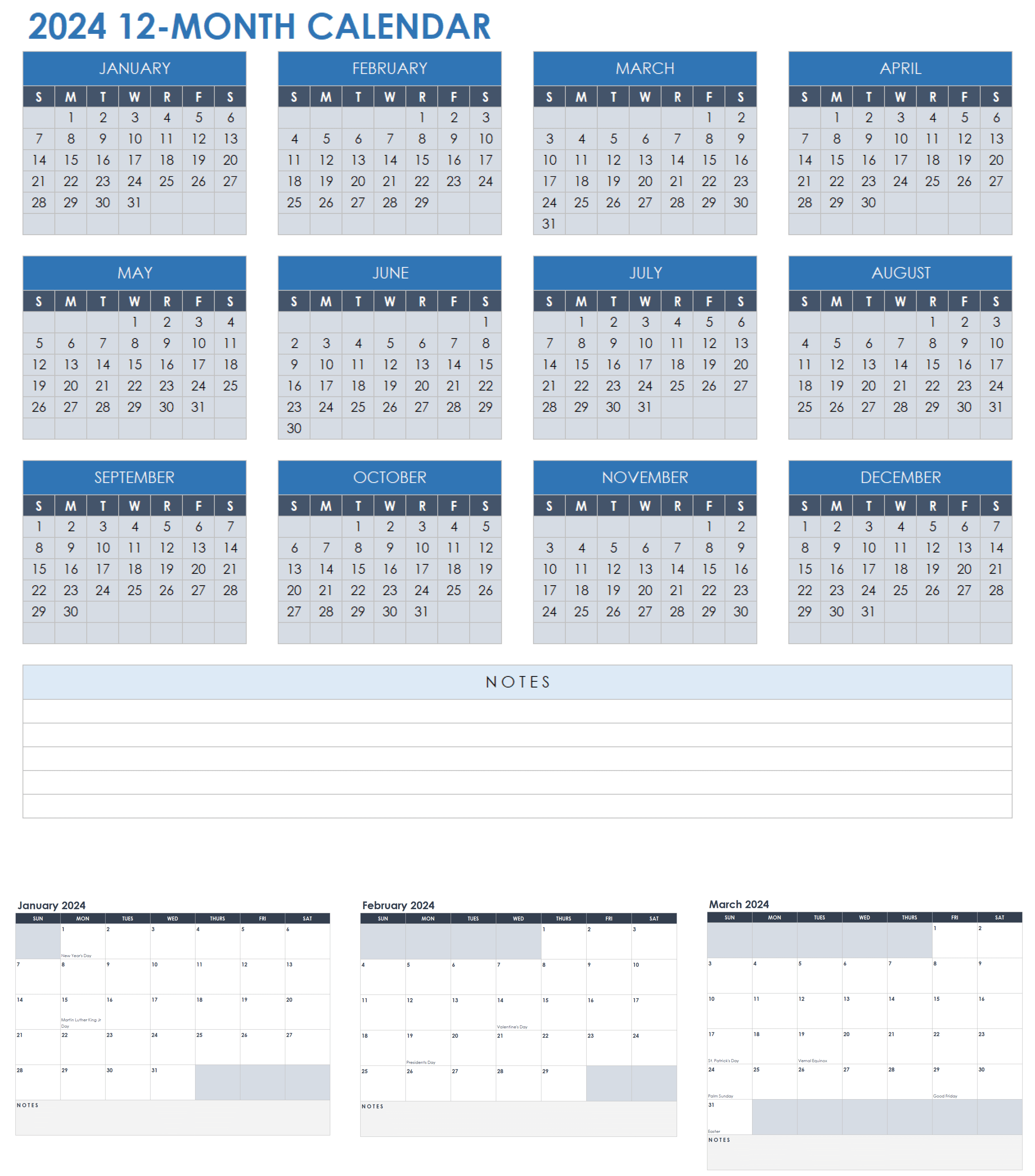 2024 12-Month Calendar Template