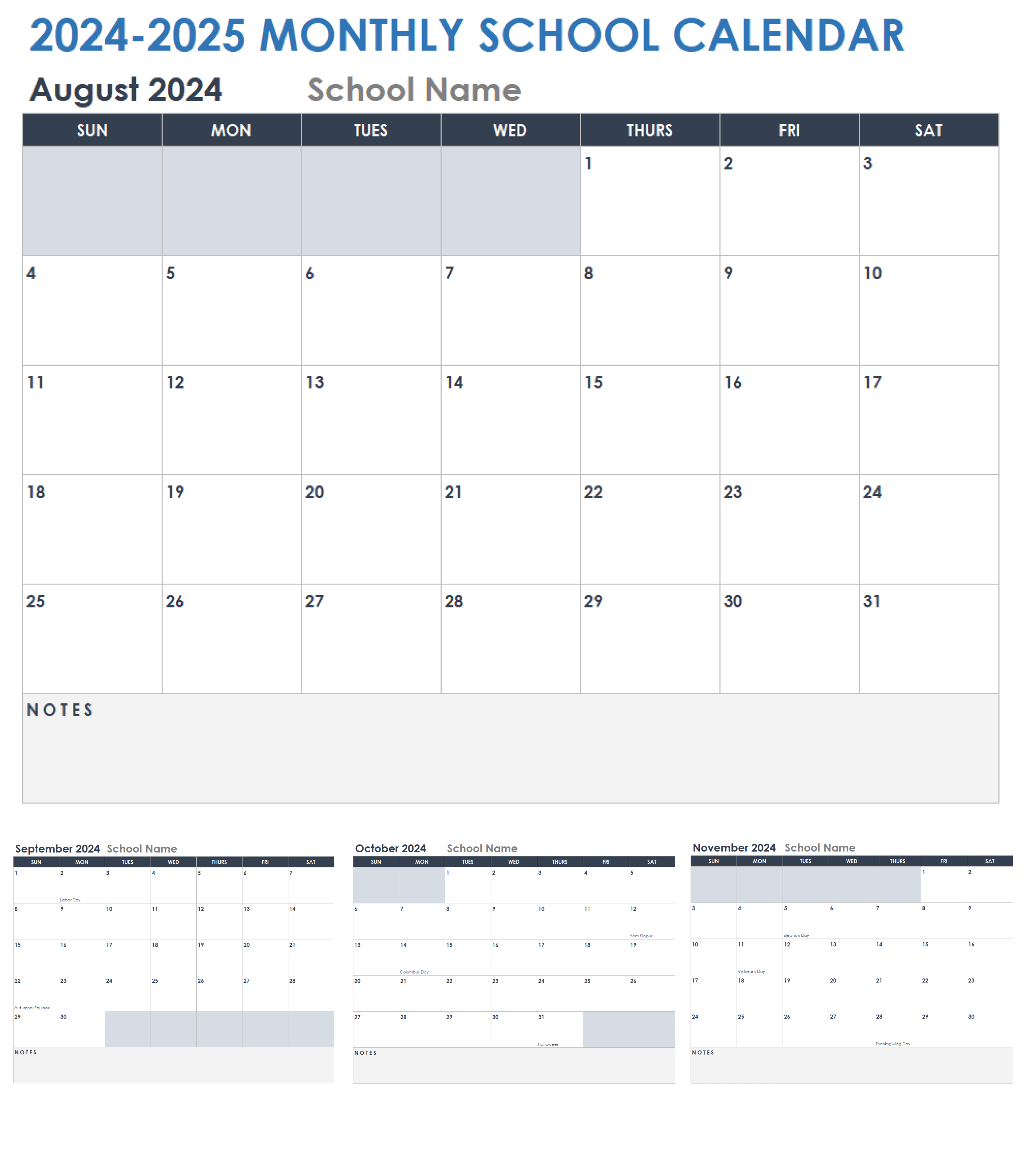 2024-2025 Monthly School Calendar Template
