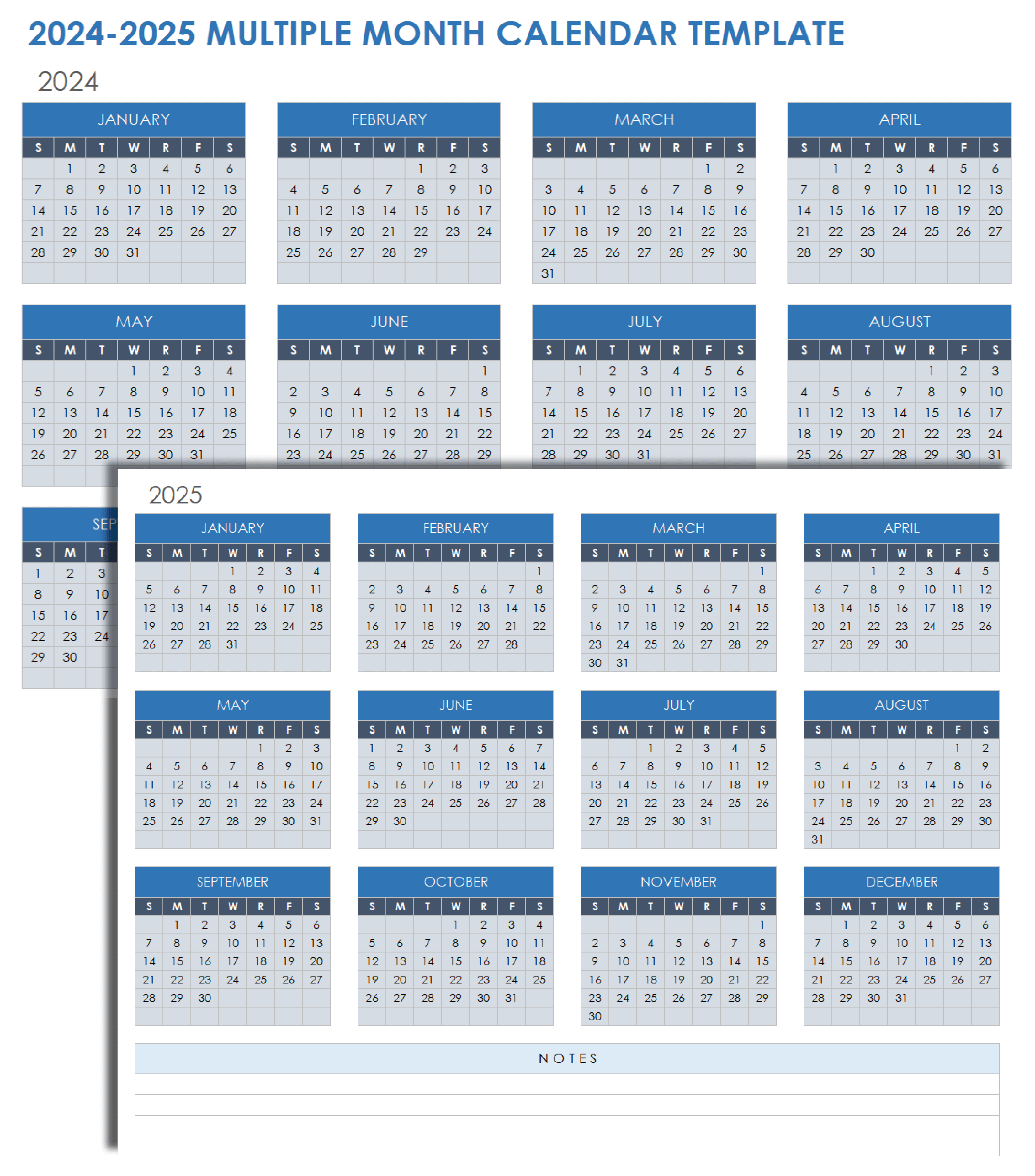 2024-2025 Multiple Month Calendar Template