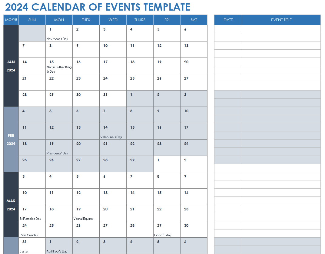 2024 Monthly Calendar of Events Template