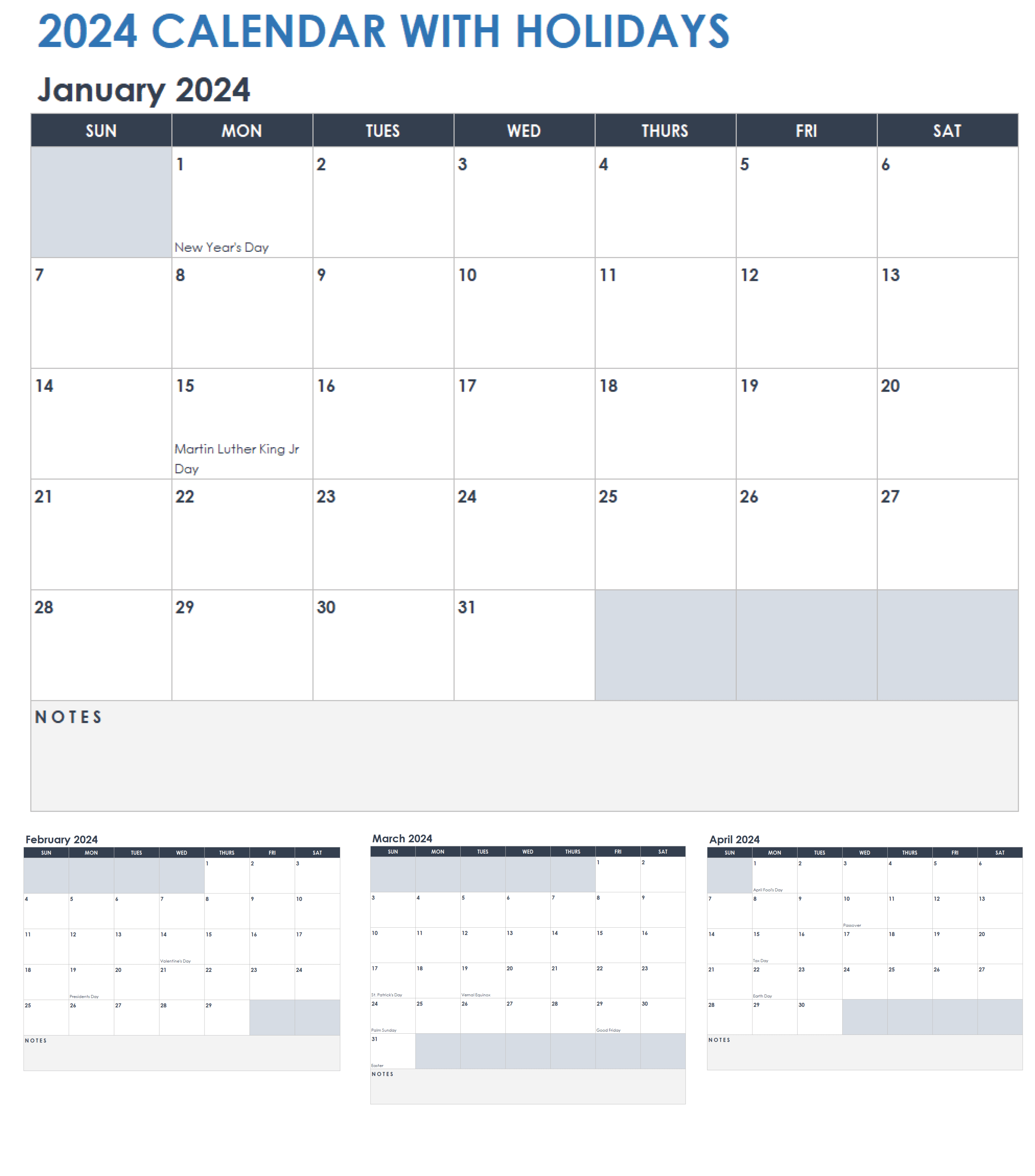 Printable January 2024 Calendar Templates with Holidays