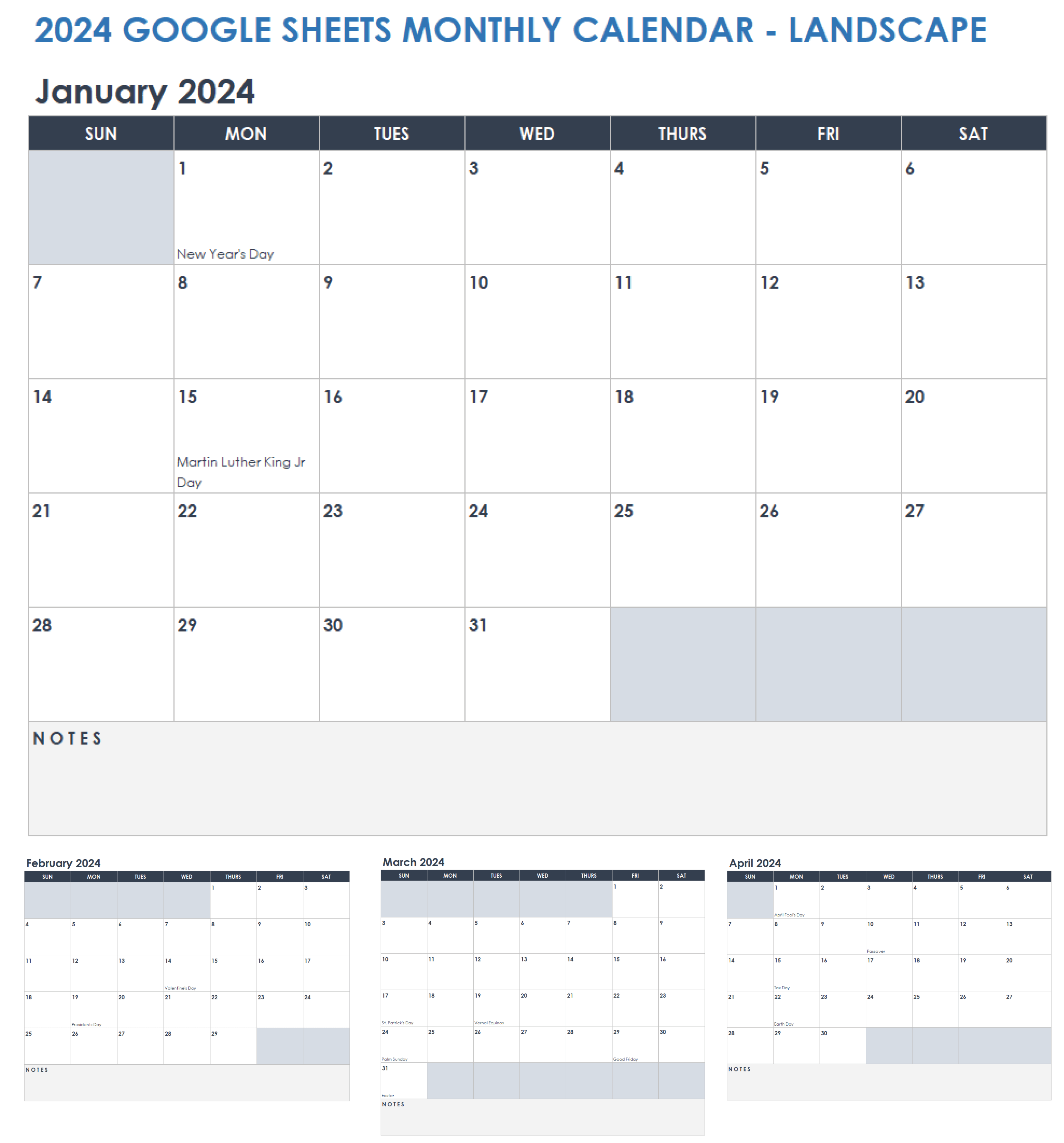 2024 Google Sheets Monthly Calendar Landscape