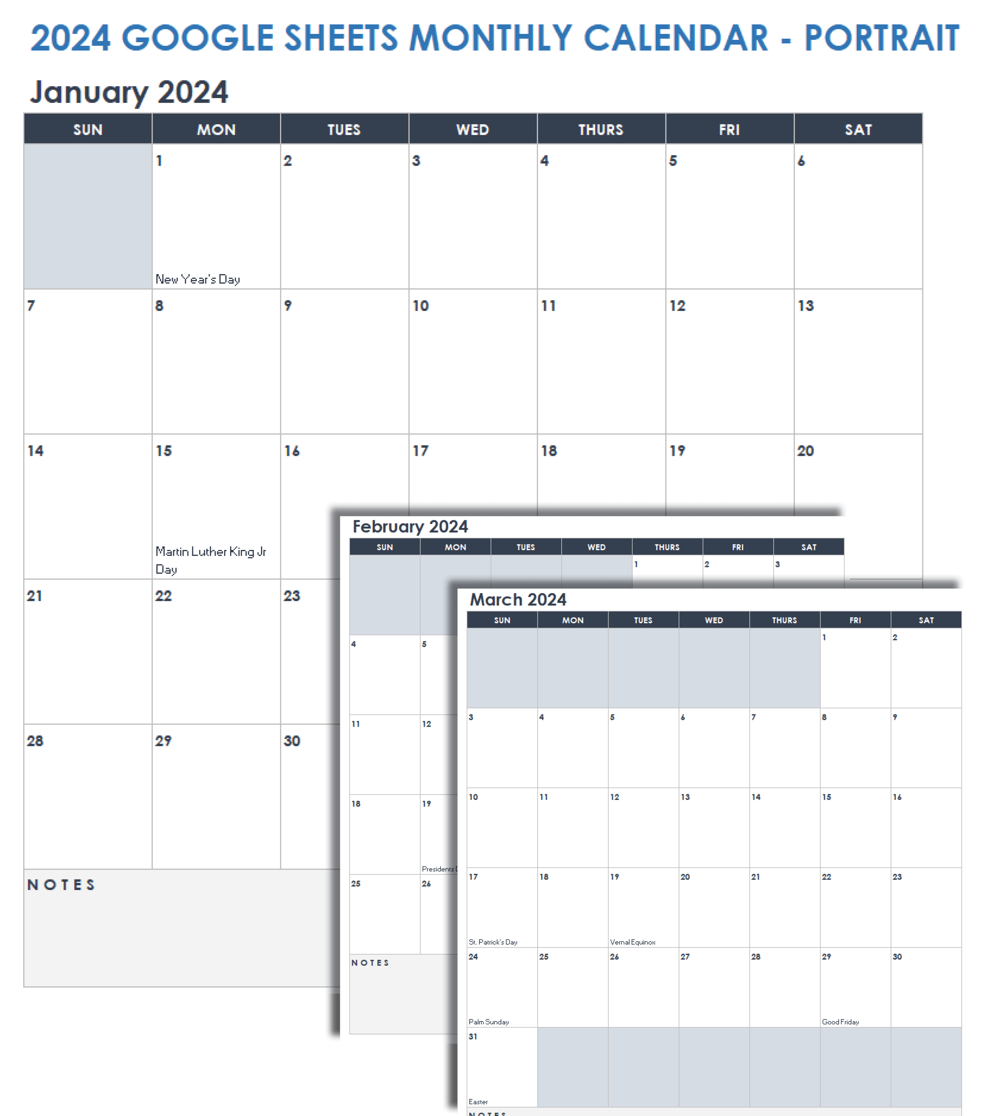 2024 Google Sheets Monthly Calendar Portrait