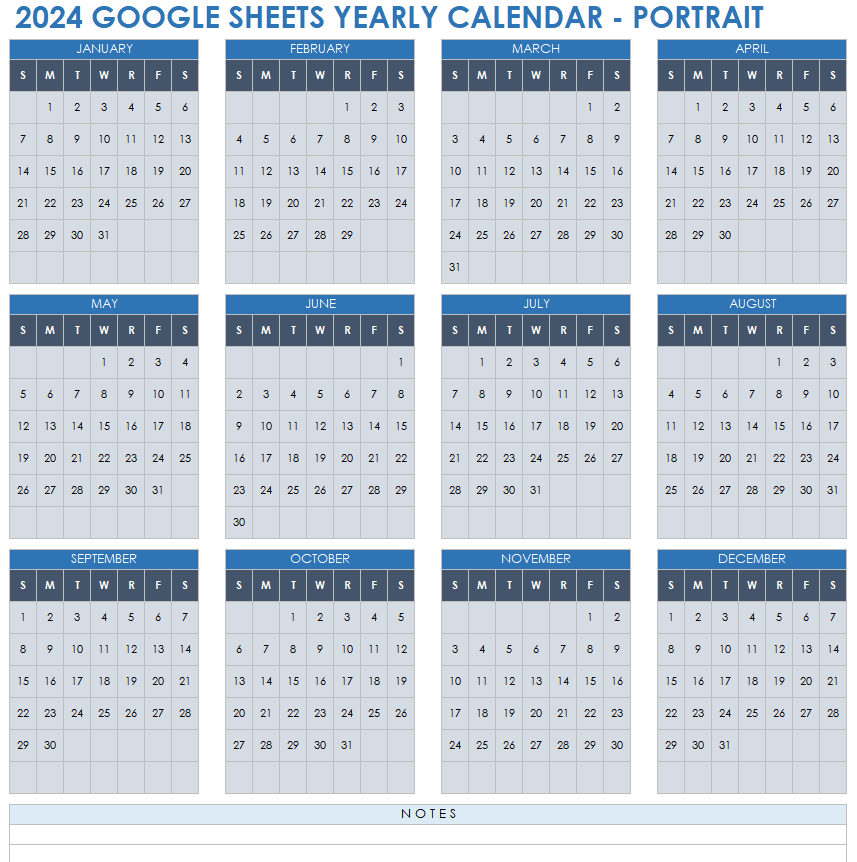 2024 Google Sheets Yearly Calendar Portrait