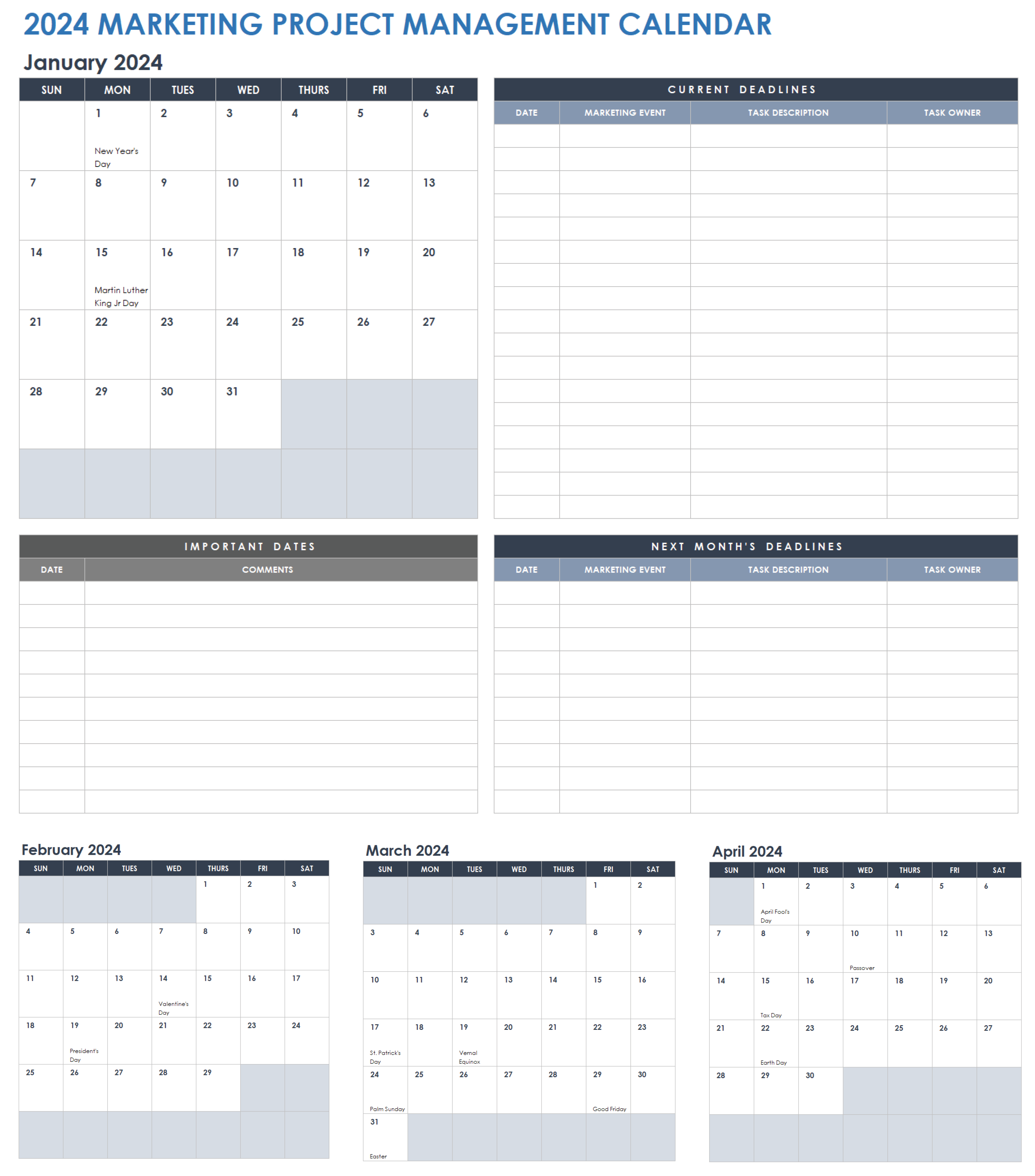 2024 Marketing Project Management Calendar Template