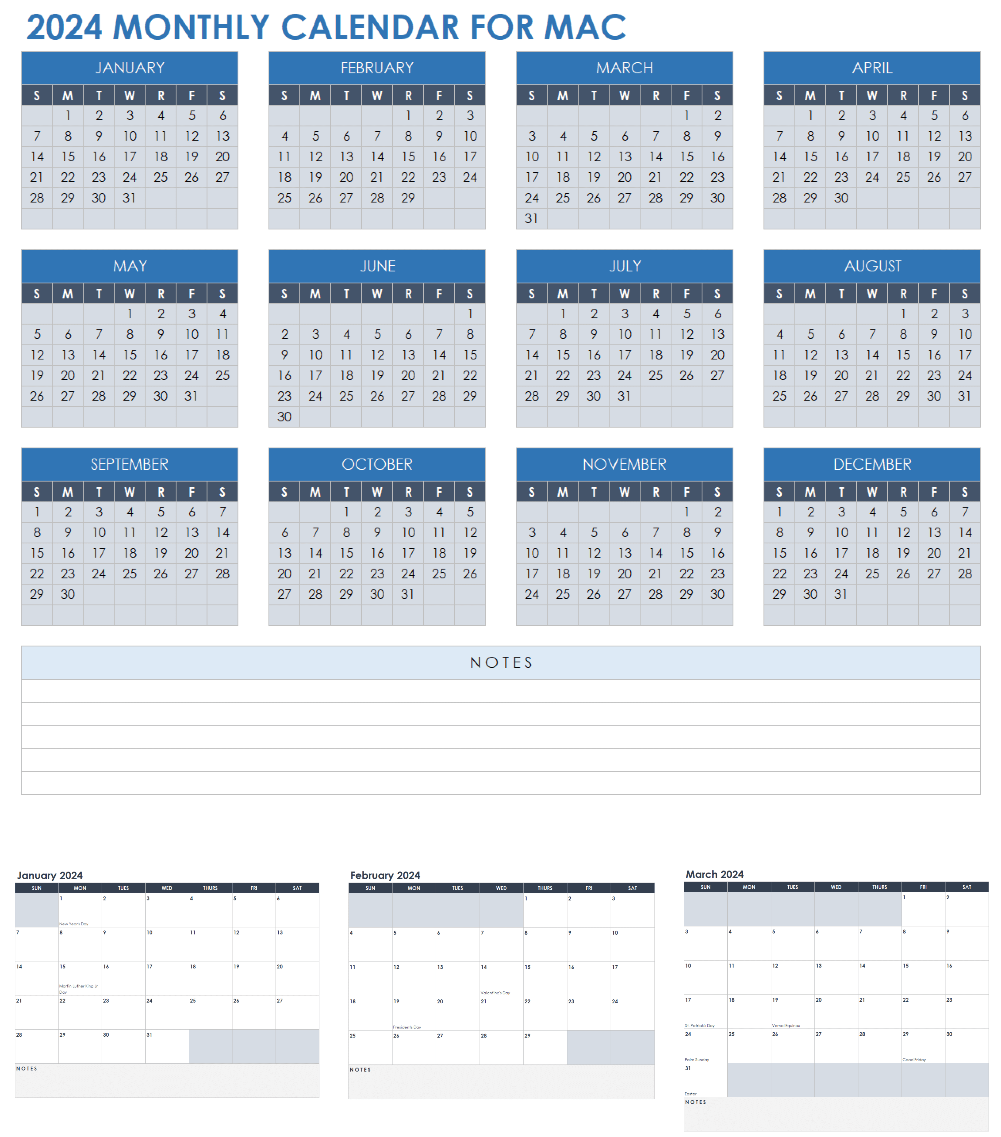2024 Monthly Calendar Template for Mac