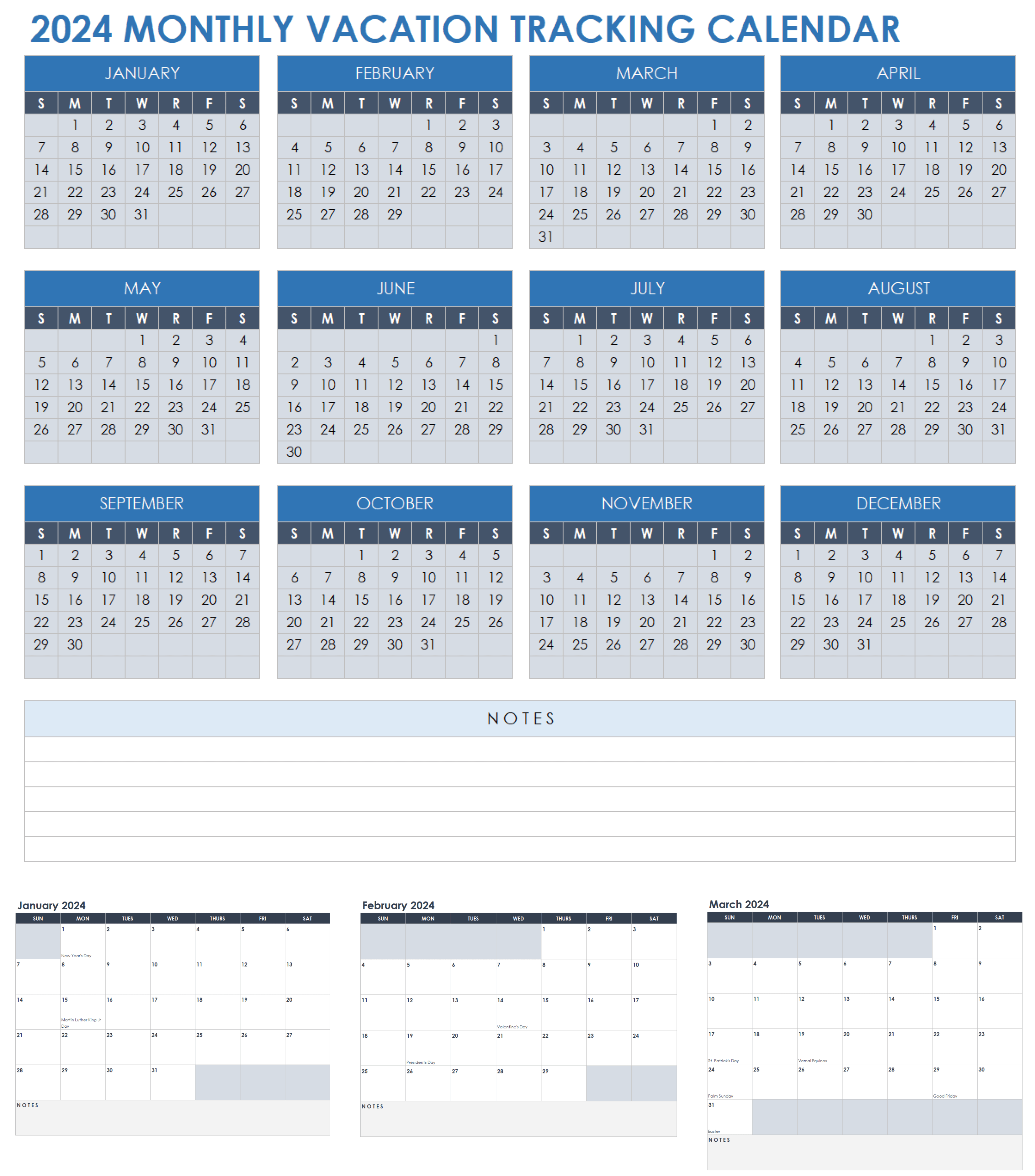 2024 Monthly Vacation Tracking Calendar