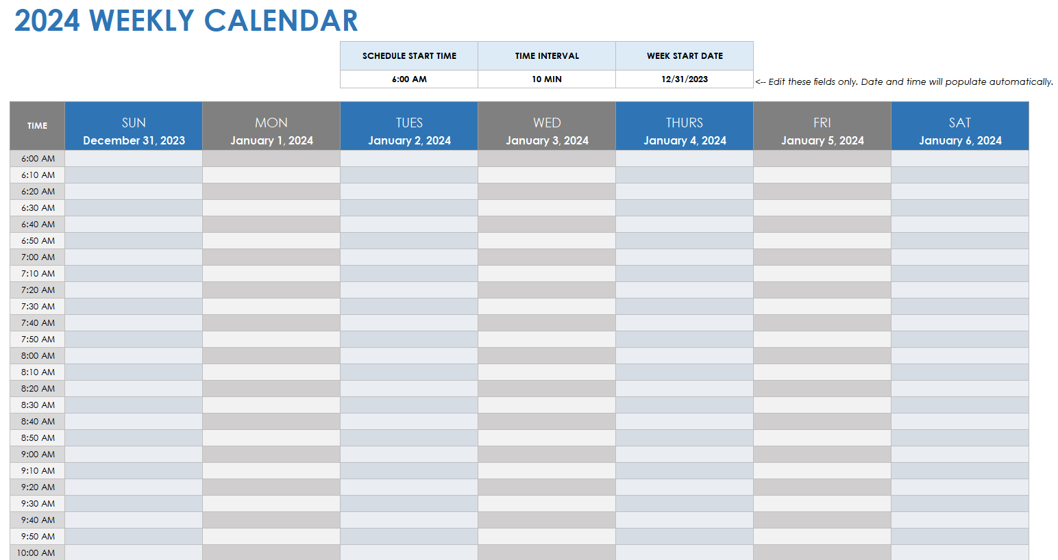 2024 Weekly Calendar Template