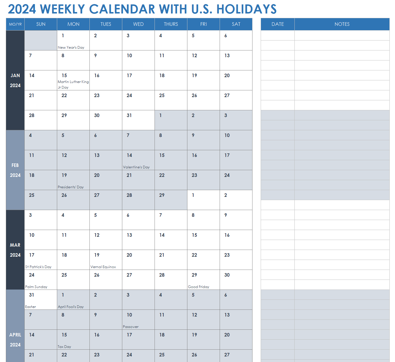 2024 Weekly Calendar with U.S. Holidays