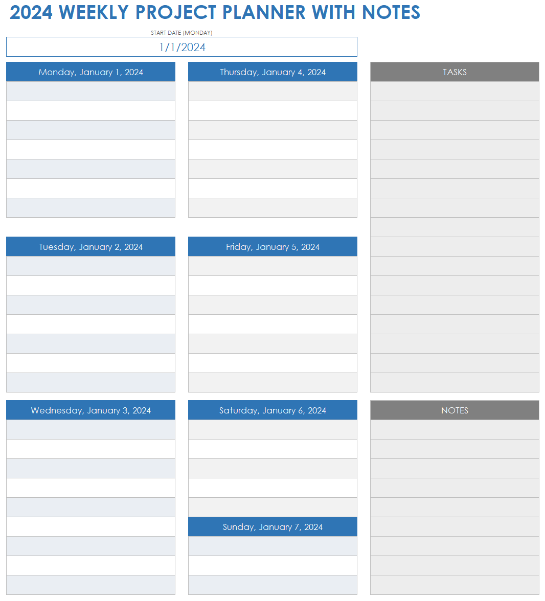 2024 Weekly Project Planner Template with Notes