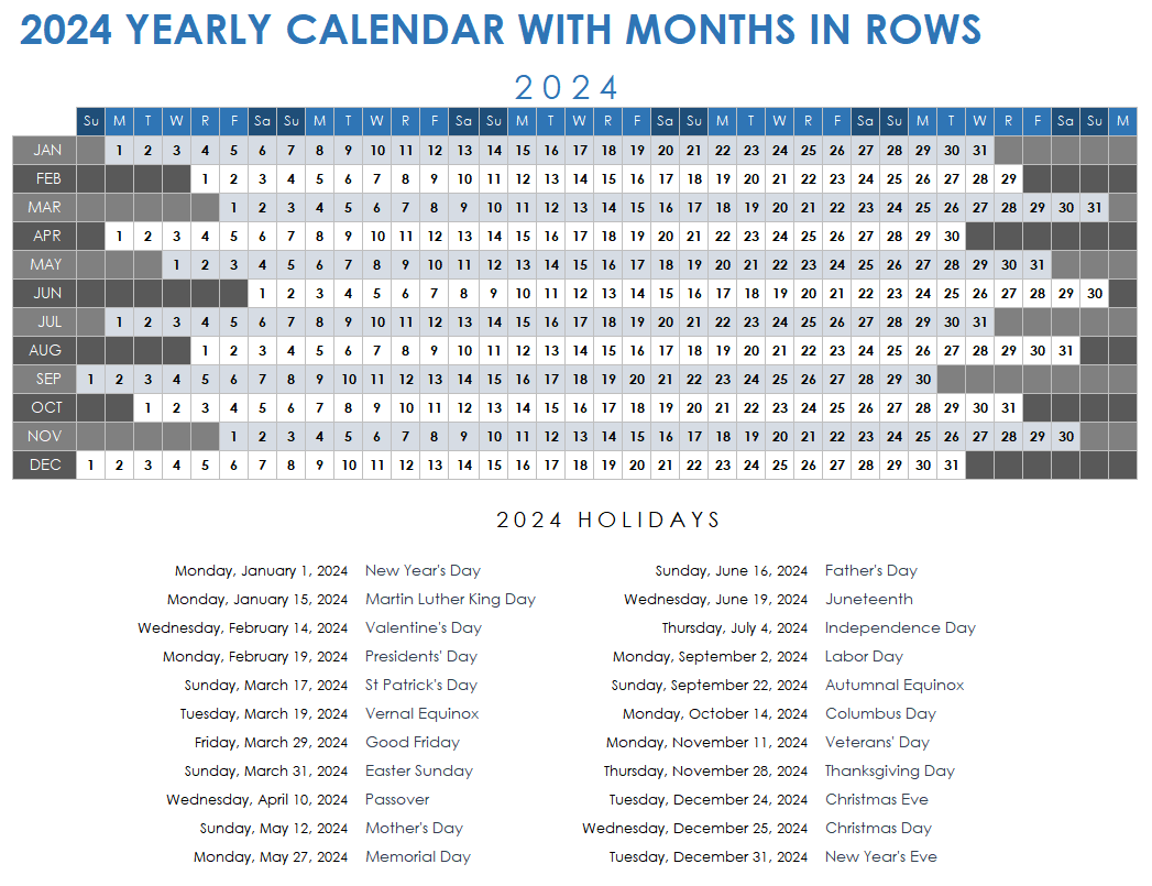 2024 Yearly Calendar Template with Months in Rows