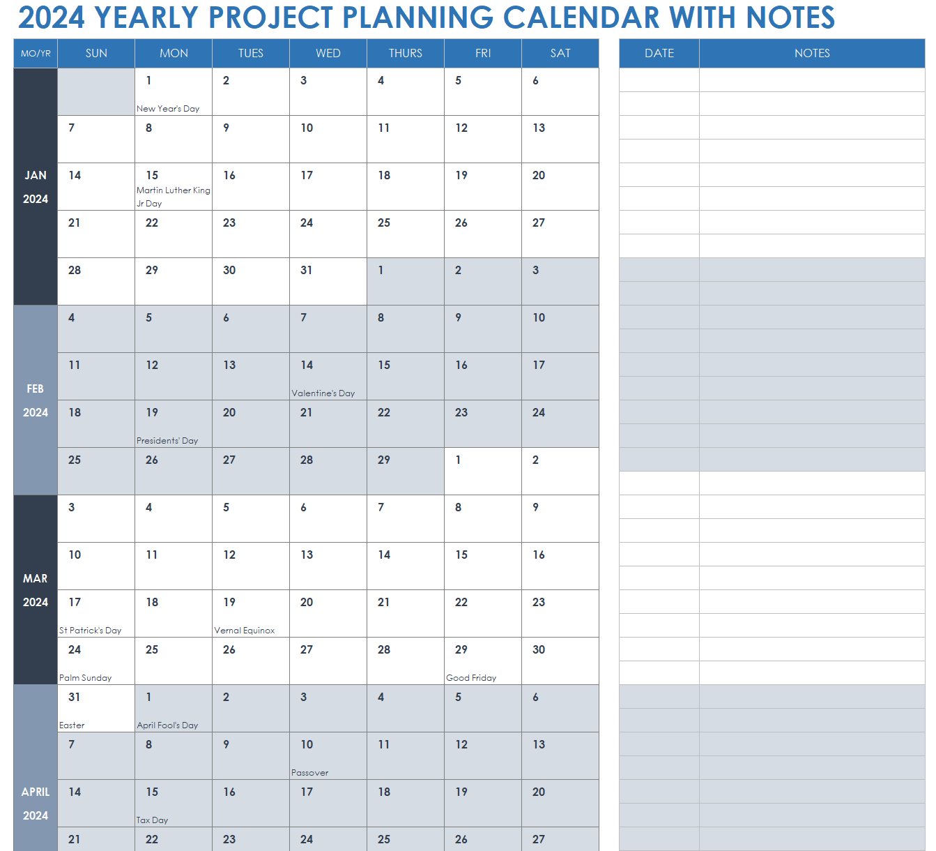 2024 Yearly Project Planning Calendar with Notes