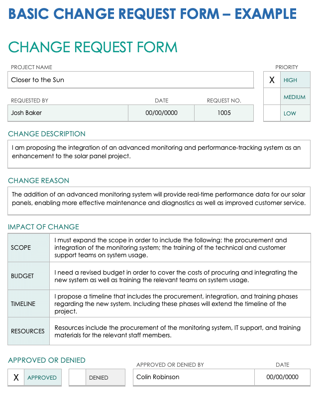 Basic Change Request Example Form