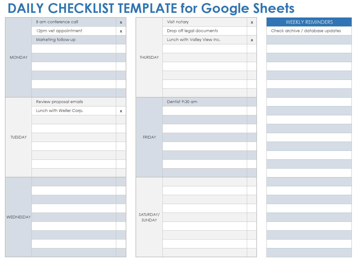Daily Checklist Template for Google Sheets
