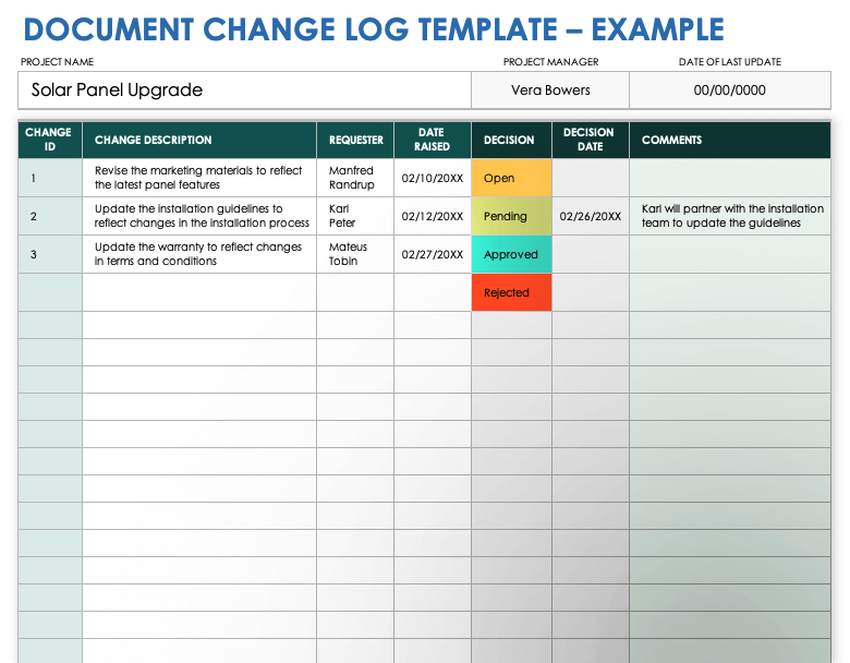 Document Change Log Example Template