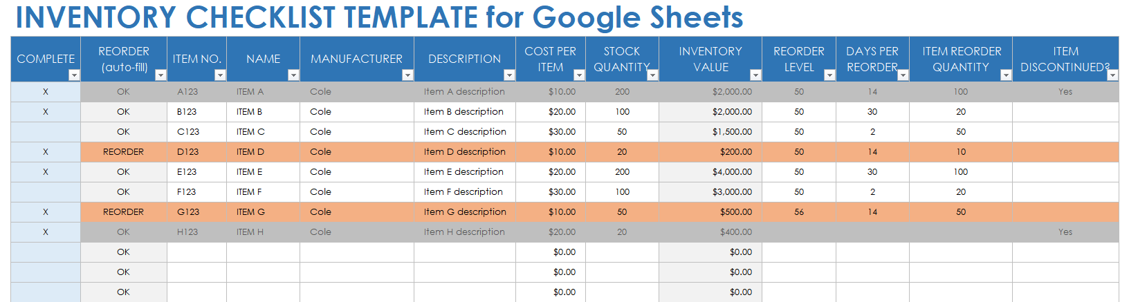 Inventory Checklist Template for Google Sheets
