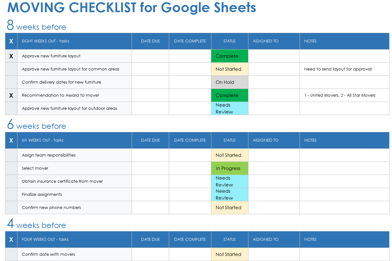 Moving Checklist Template for Google Sheets