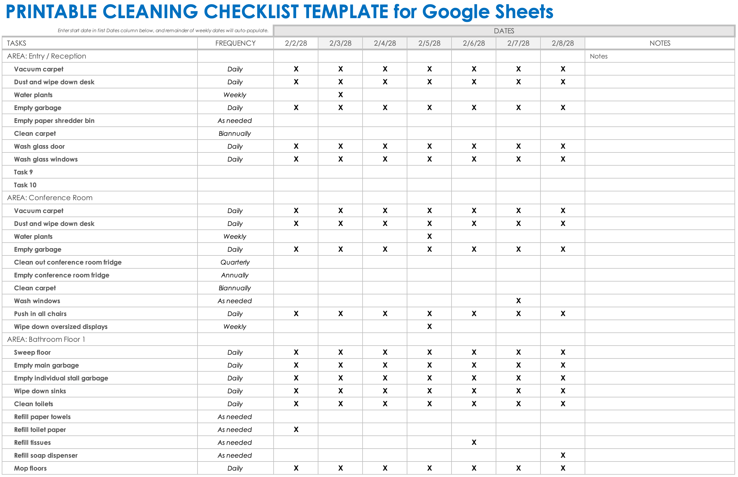 Printable Cleaning Checklist Template for Google Sheets