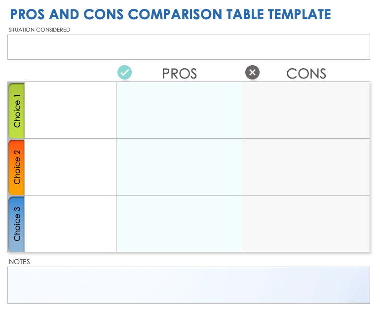 Pros and Cons Comparison Table Template