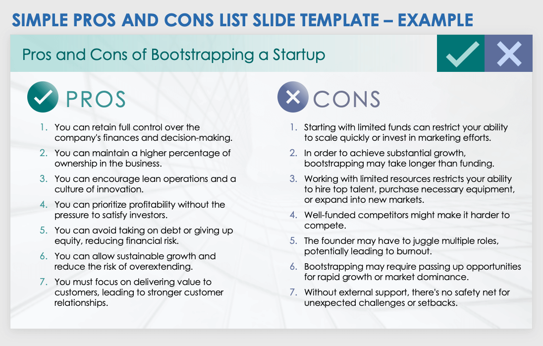 Simple Pros and Cons List Slide Example Template
