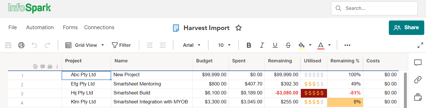 Harvest Import in Smartsheet 