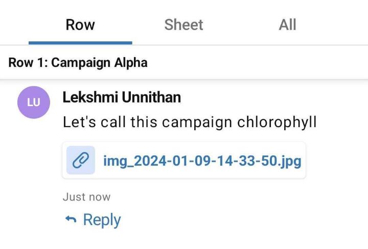A screenshot from a mobile device in which an image is attached to a sheet's row 1 for "Campaign Alpha."