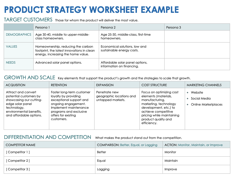 Product Strategy Worksheet Example Template