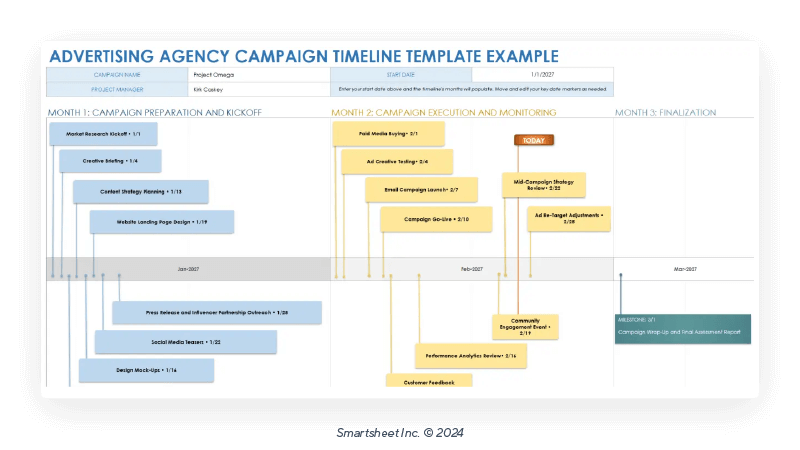 advertising agency campaign timeline template with example data