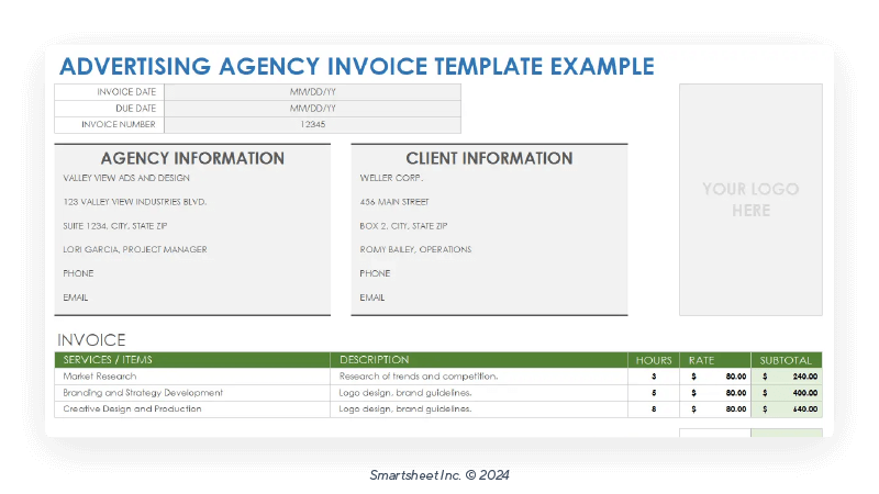advertising agency invoice template with example data