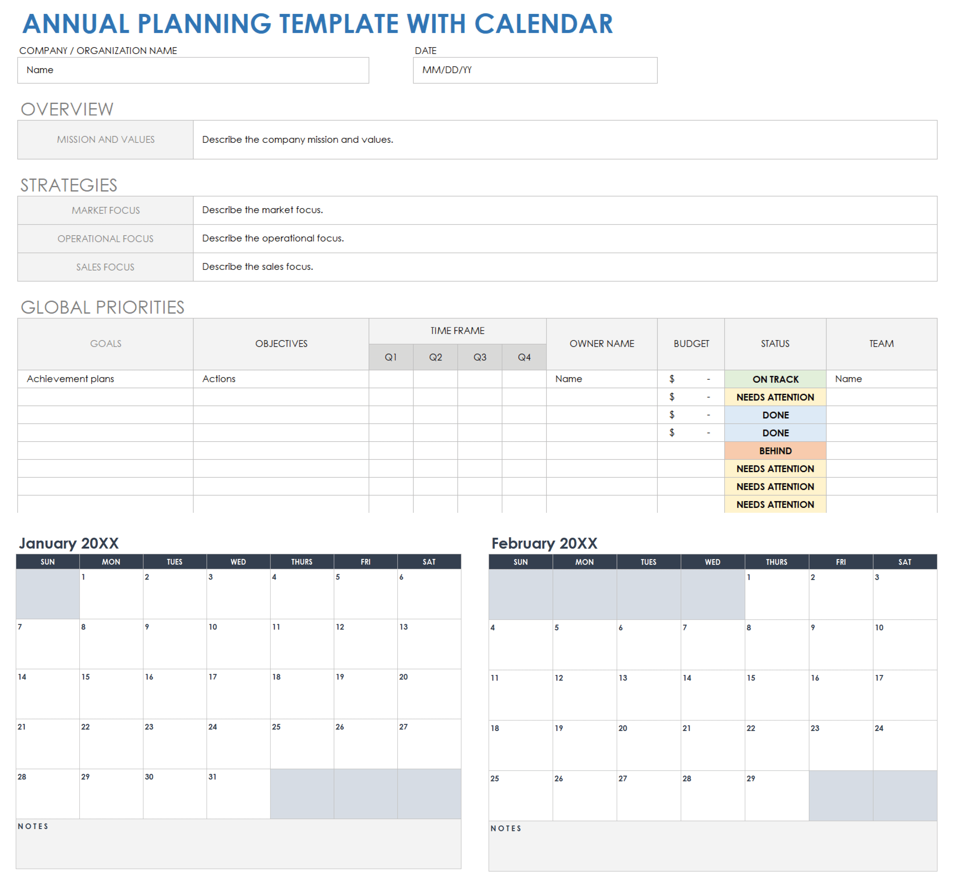 Annual Planning Template with Calendar