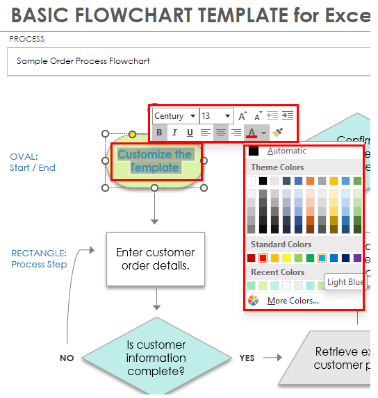 Basic flowchart template excel customize text