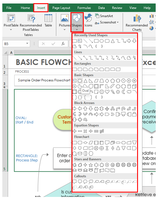 Basic flowchart template excel insert shapes