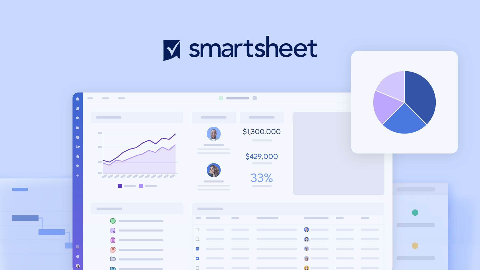 smartsheet dashboard UI on blue background