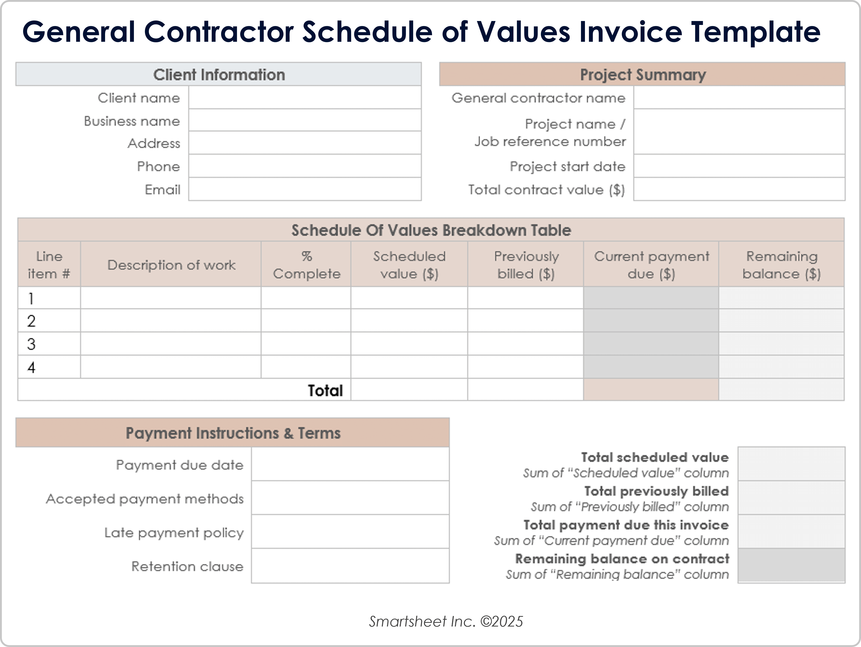 General Contractor Schedule of Values Template