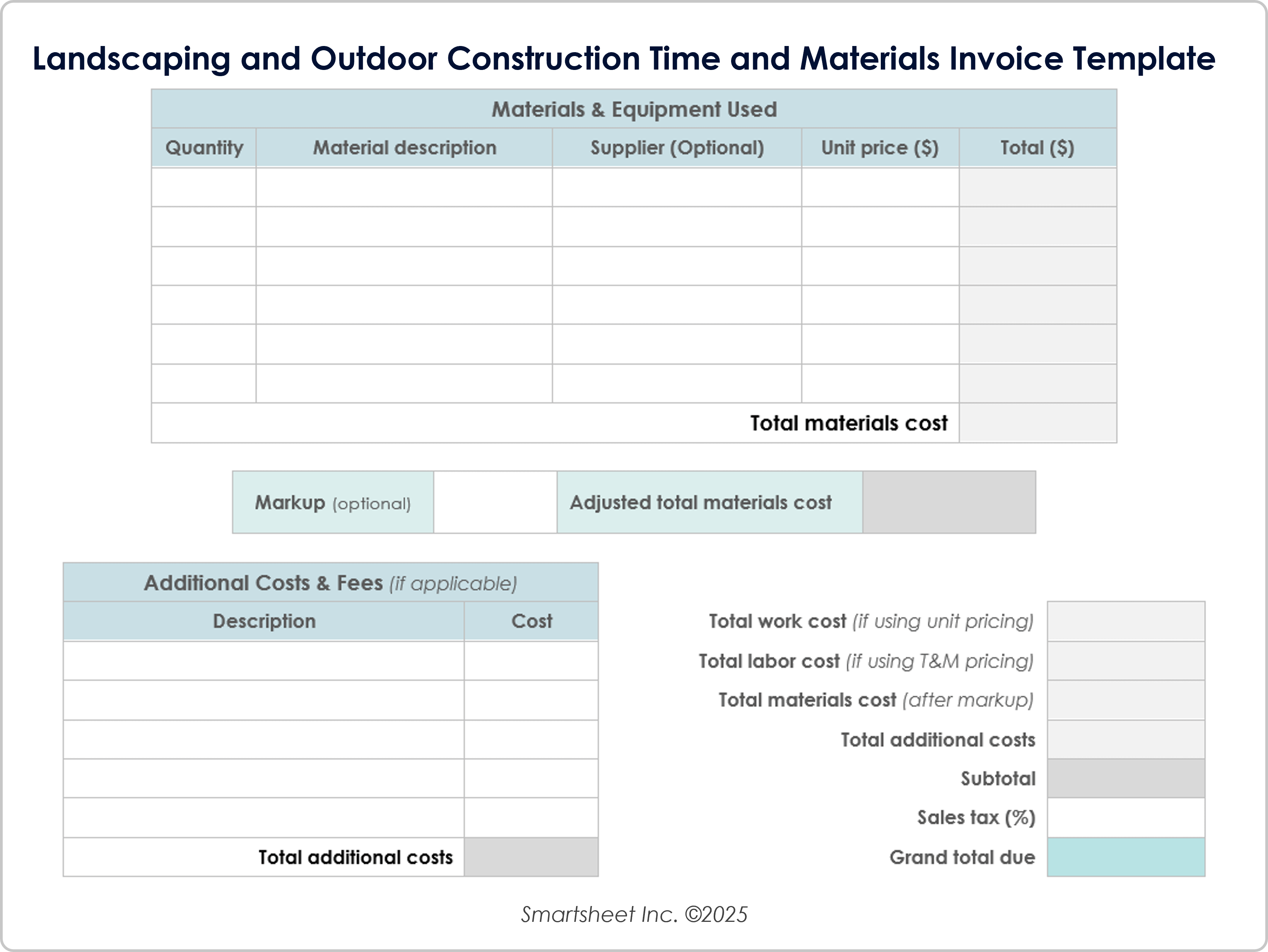 Landscaping and Outdoor Construction Time and Materials Invoice Template