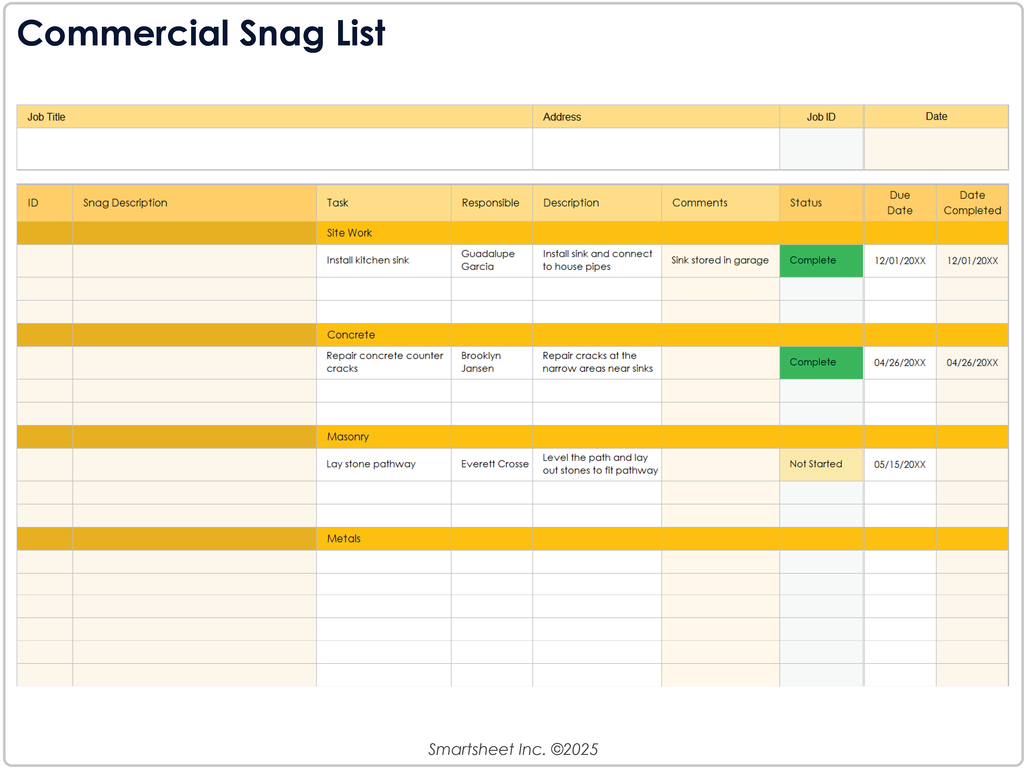 Commercial Snag List Template