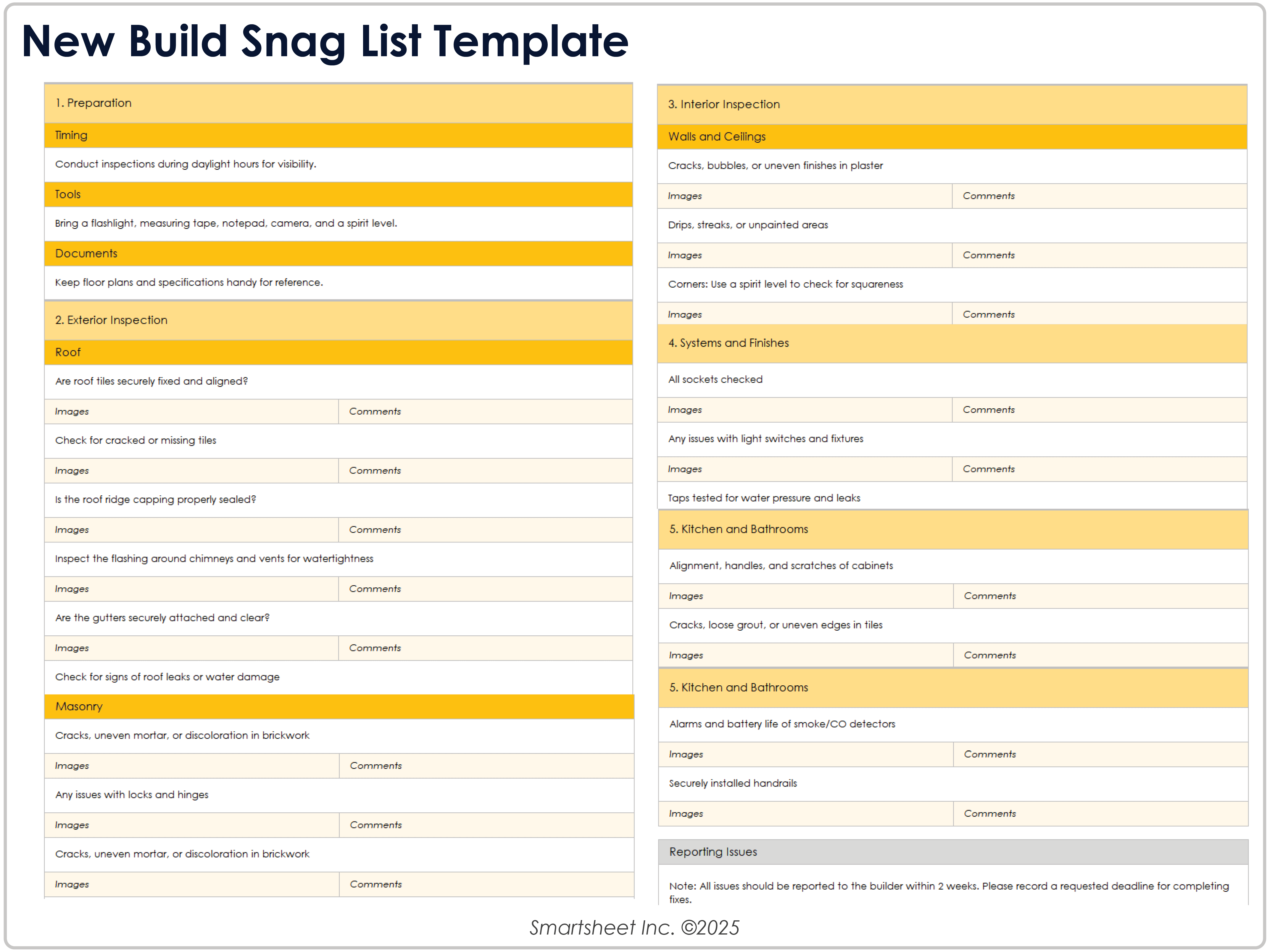 New Build Snag List Template