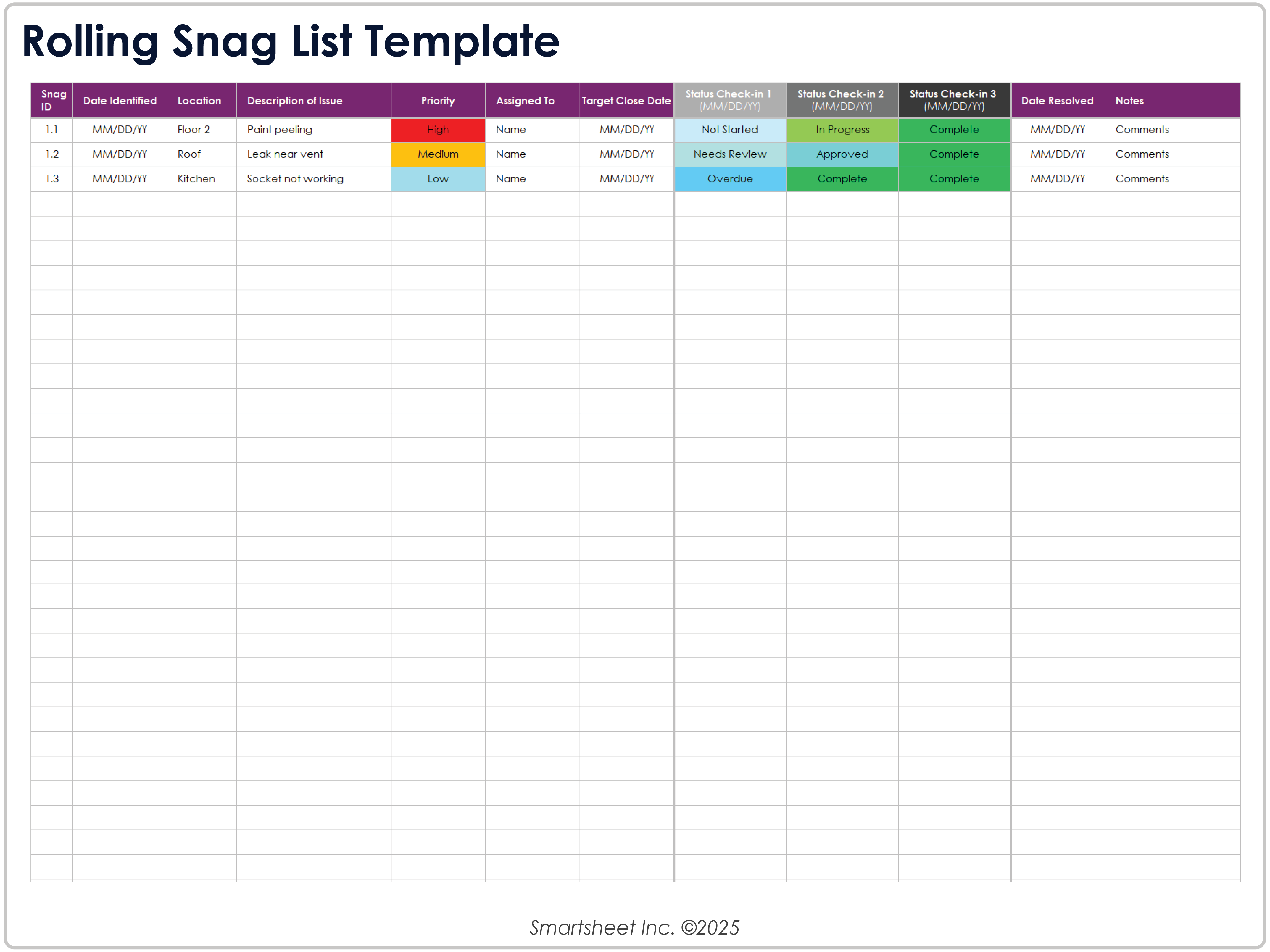 Rolling Snag List Template