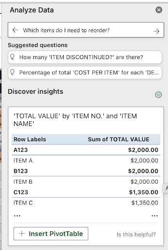 excel inventory ask copilot
