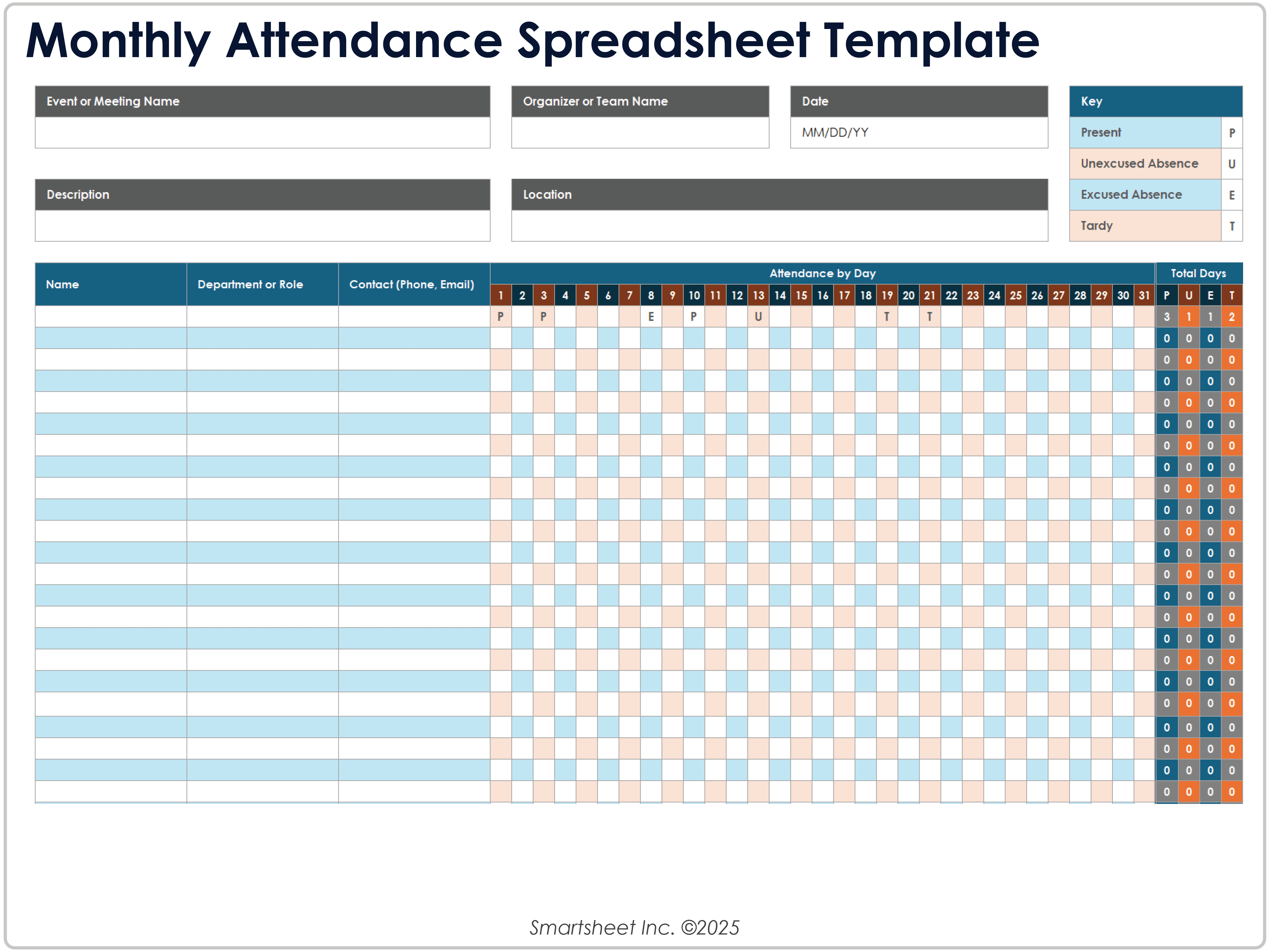 Monthly Attendance Spreadsheet Template