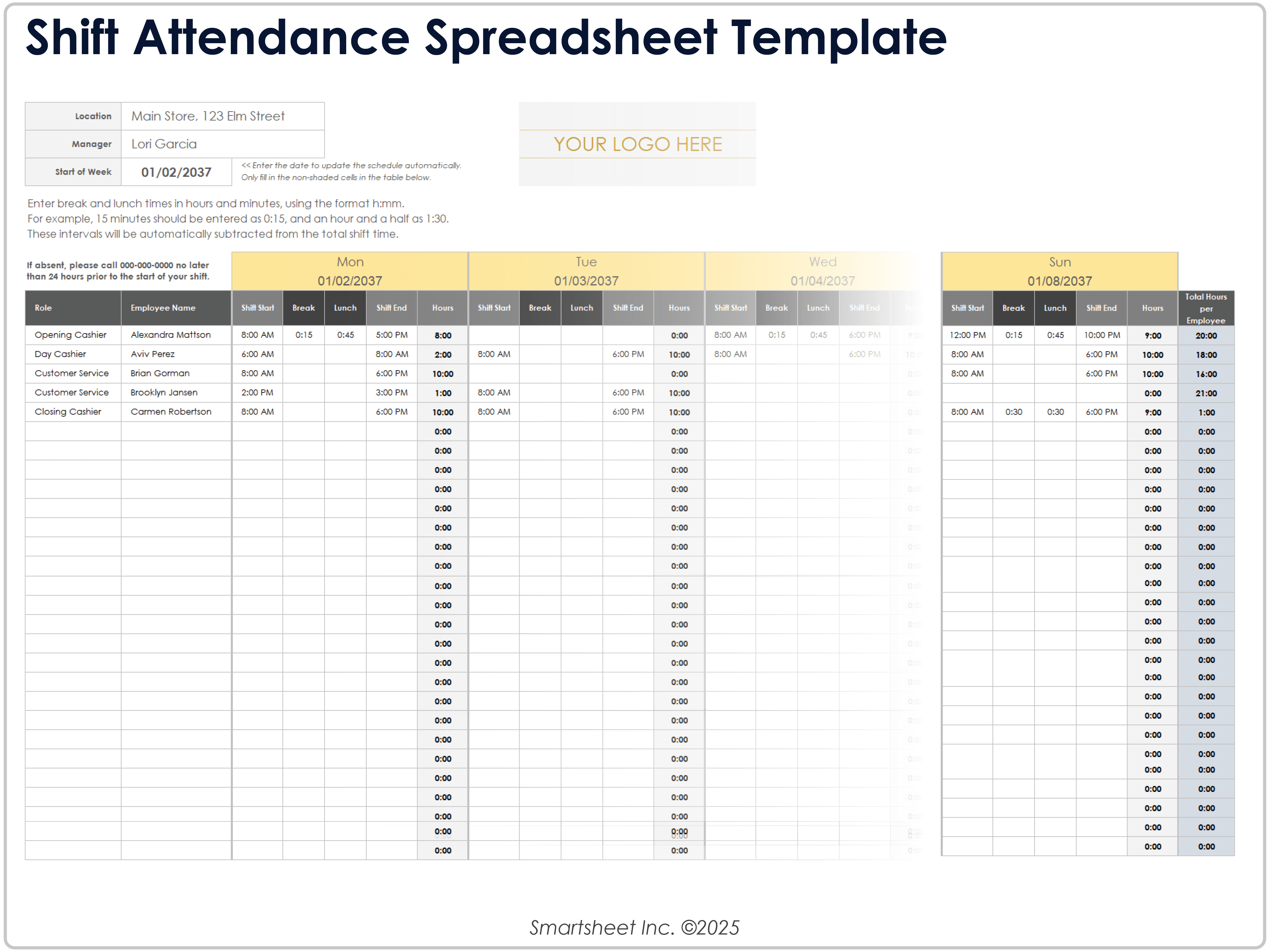 Shift Attendance Spreadsheet Template
