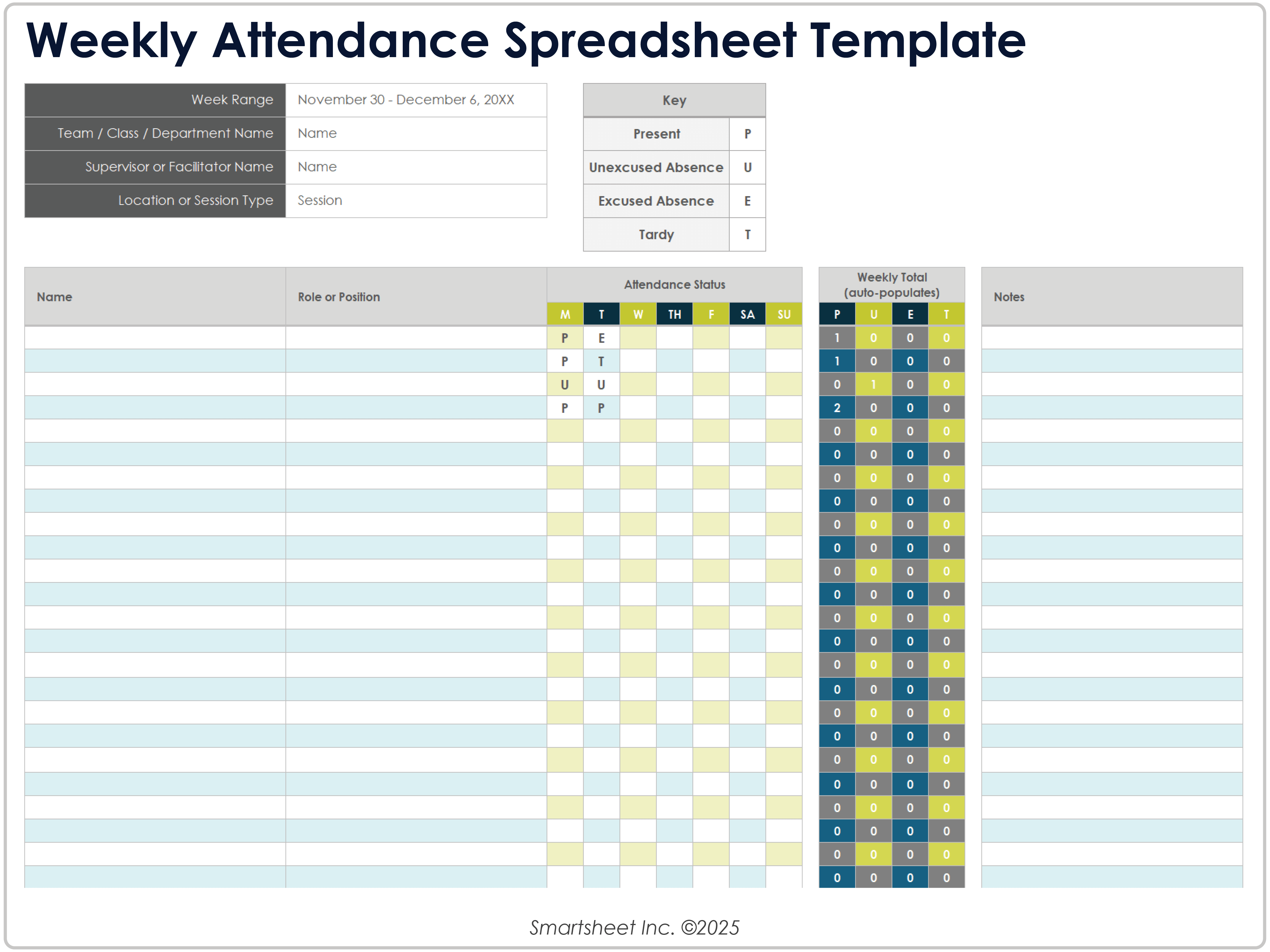Weekly Attendance Spreadsheet Template