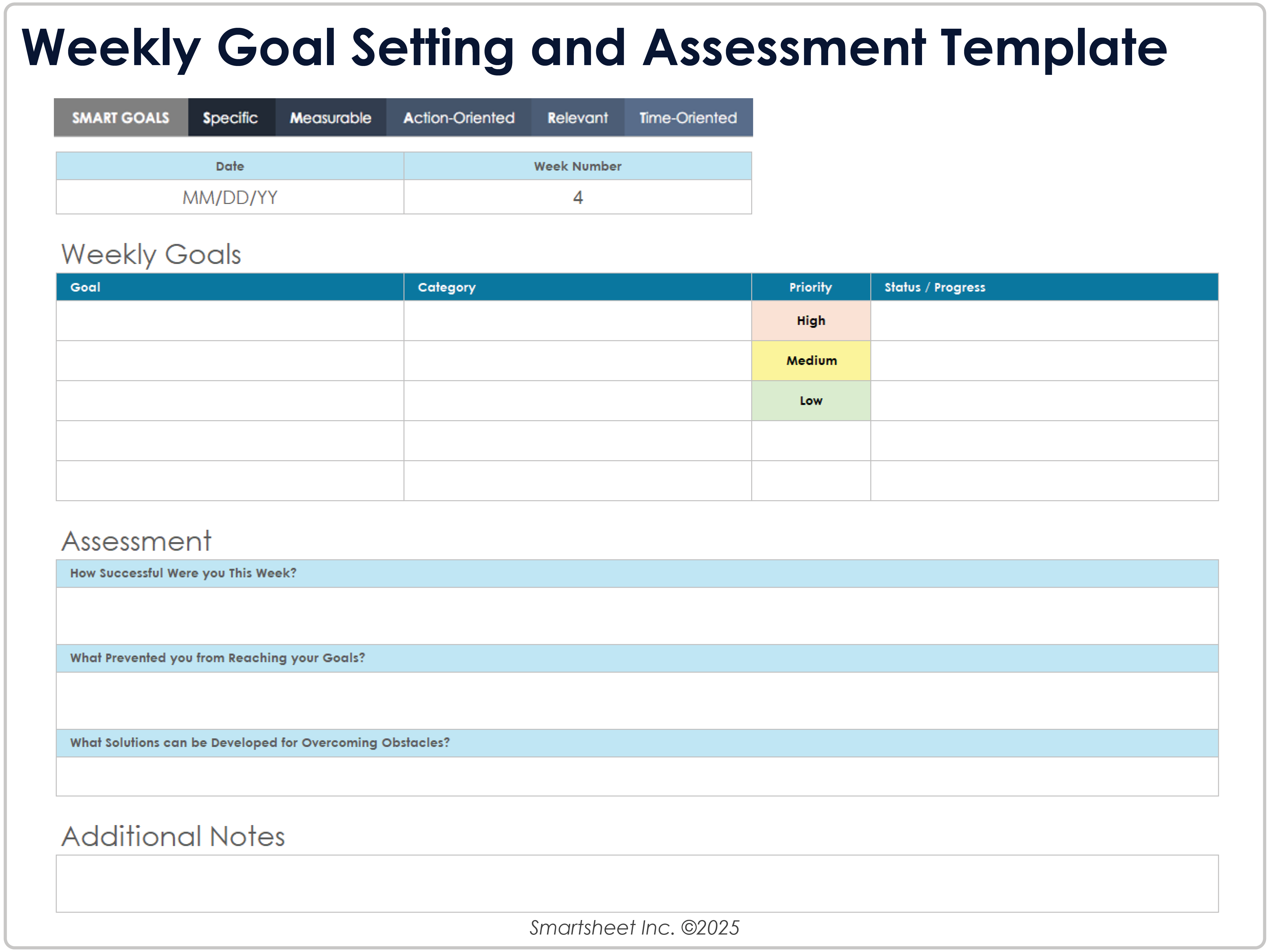 Weekly Goal Setting and Asssessment Template 9237
