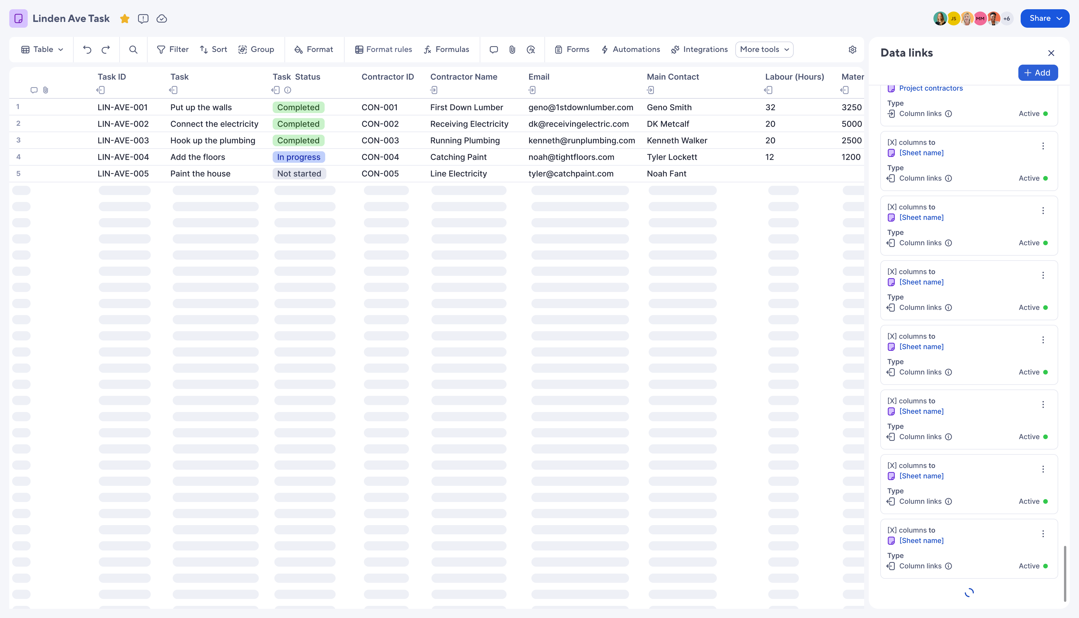 creating additional inbound and outbound column links on a sheet