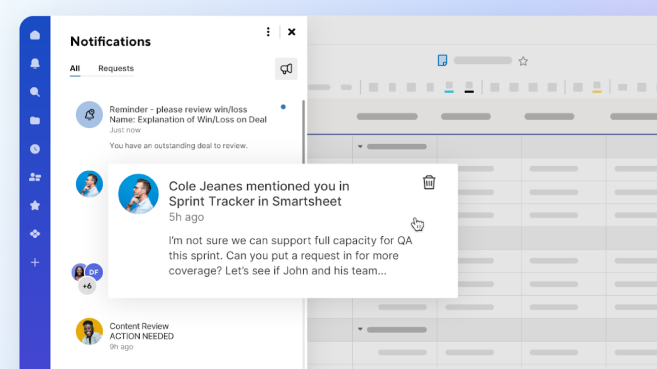 Smartsheet notifications panel