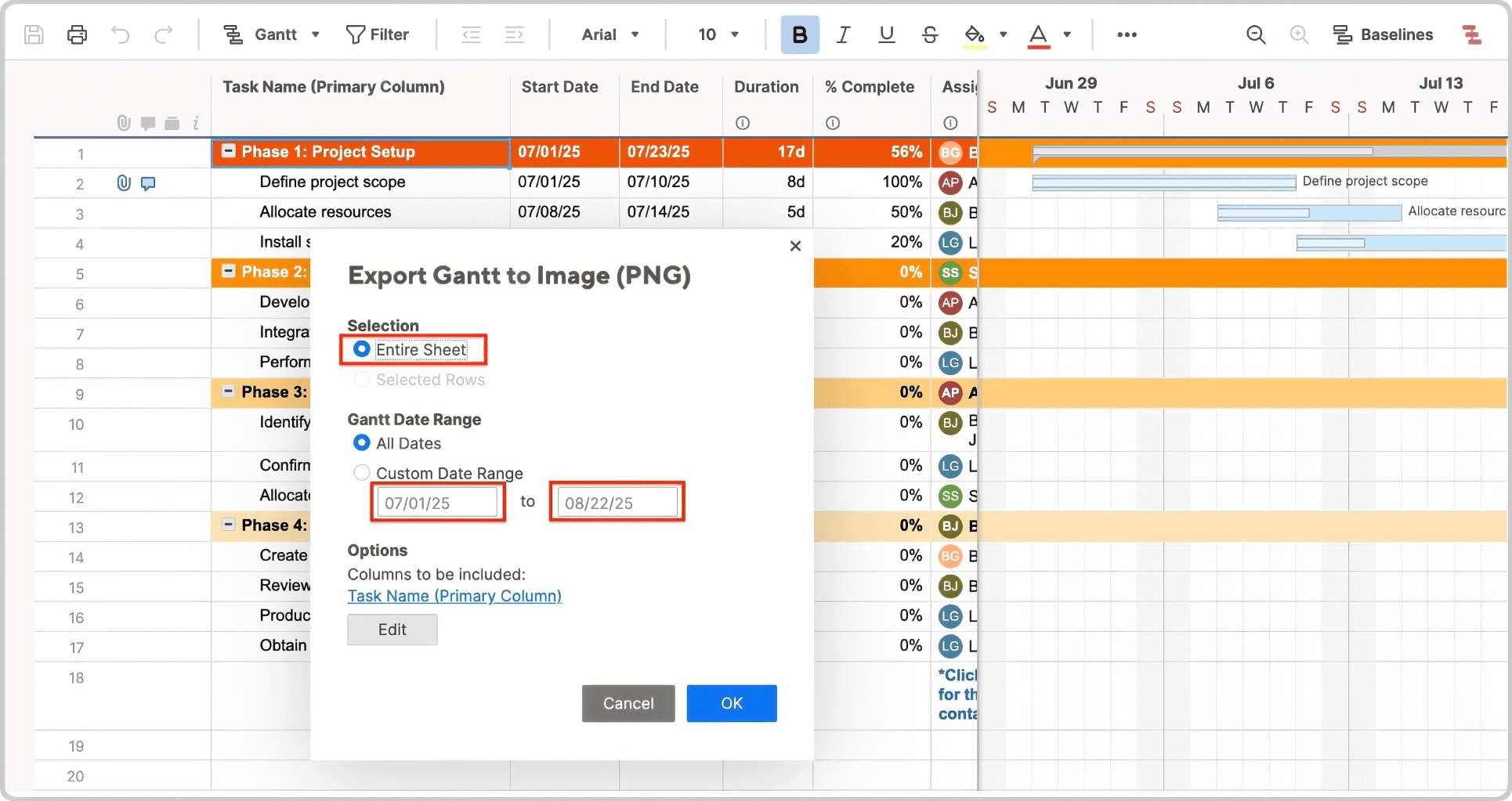 Gantt Chart From Smartsheet to Powerpoint Selection and Date Range
