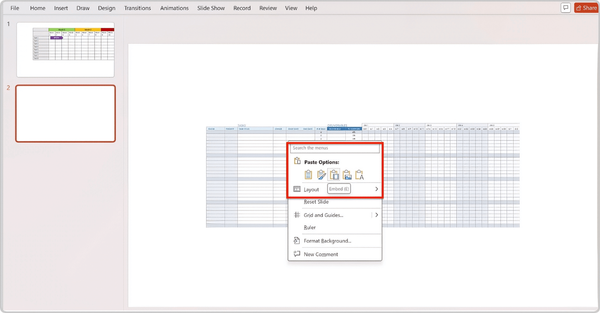 Gantt Chart to PowerPoint Paste Embed