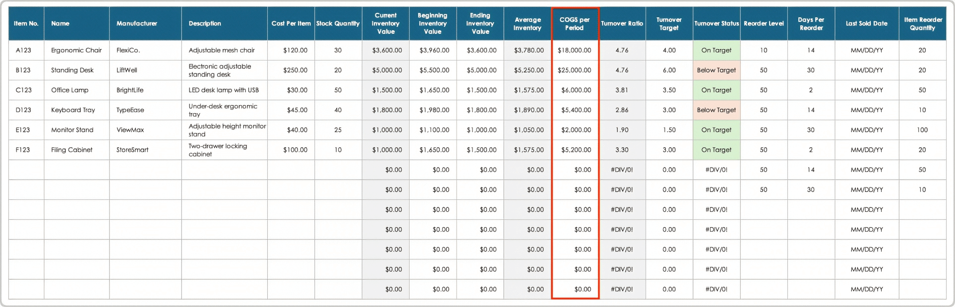 Enter Turnover Template Enter COGS