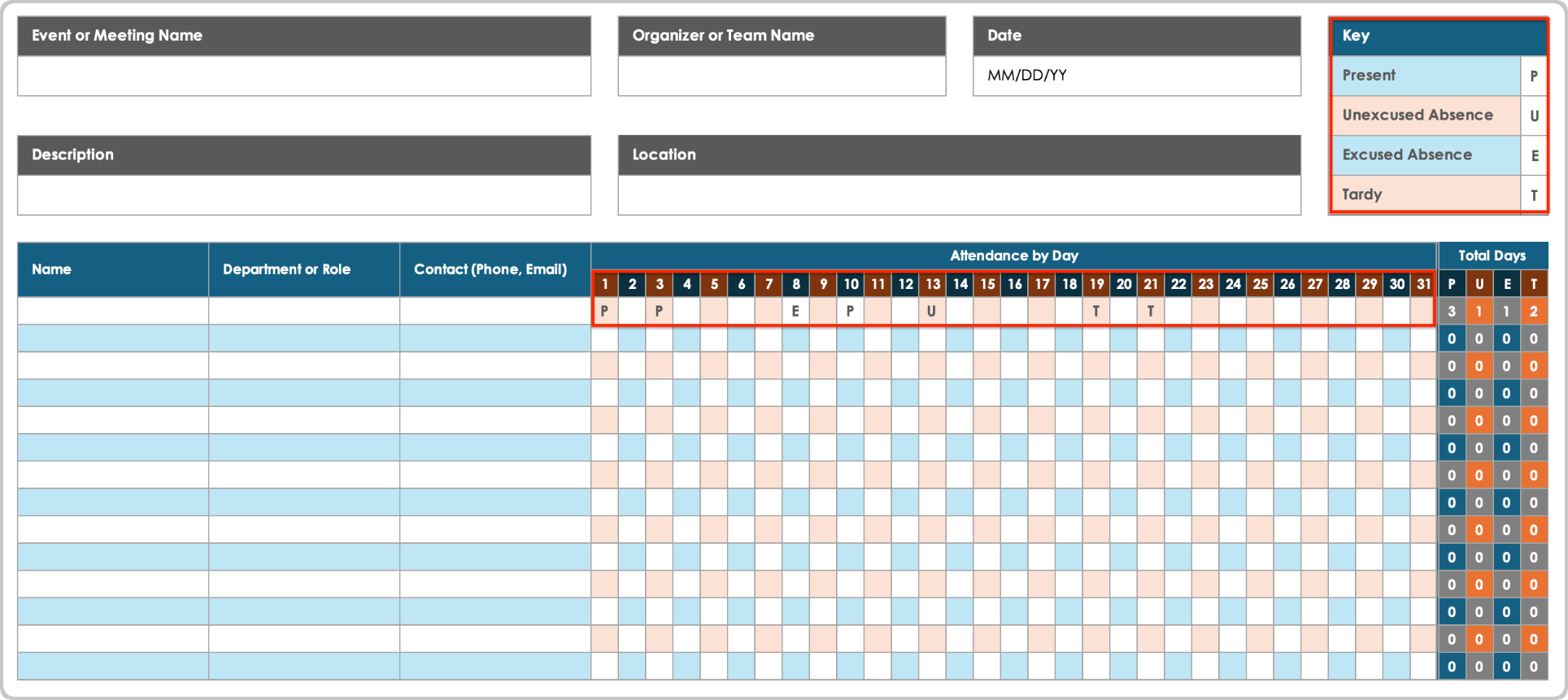 Monthly Attendance Spreadsheet Template Track Daily