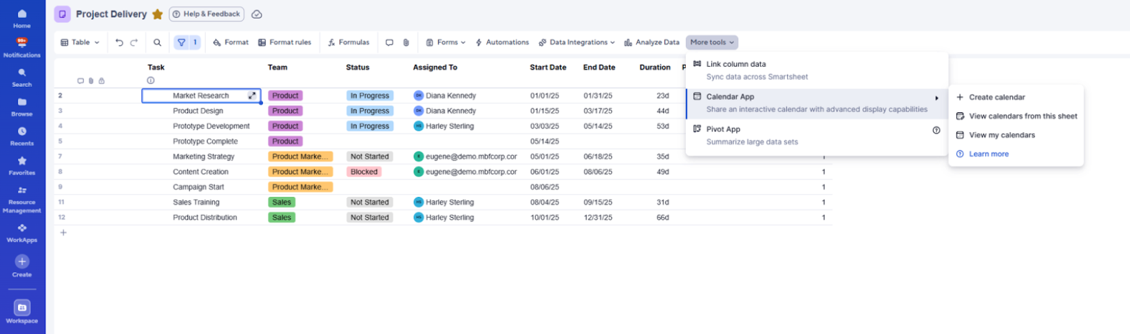 Accessing Calendar App and Pivot App in table view